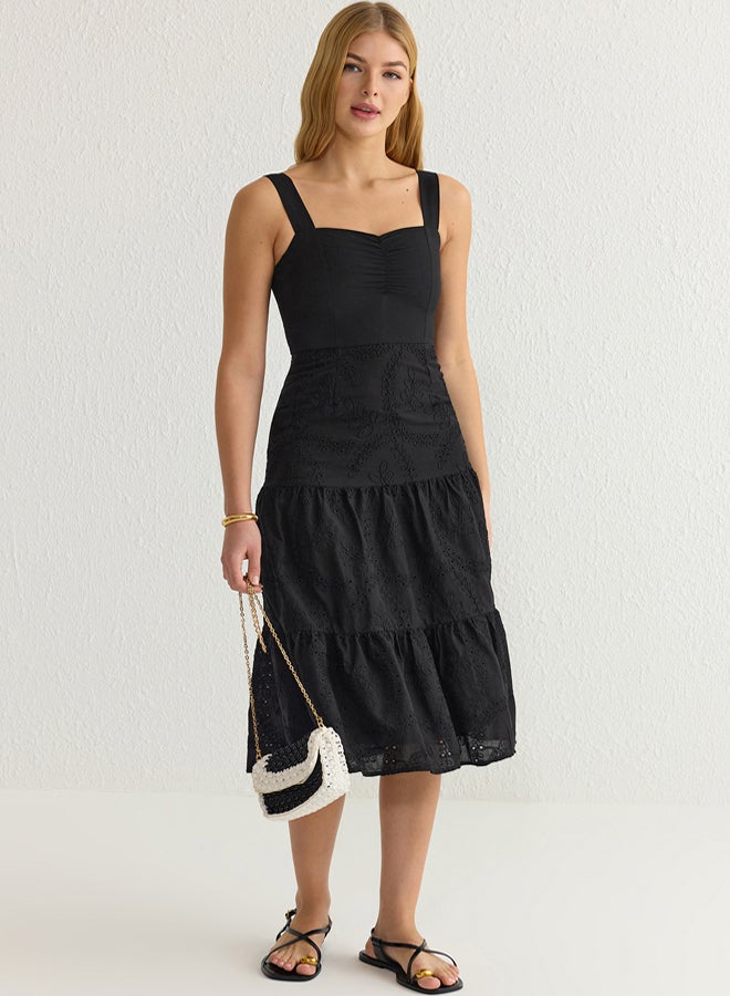 trendyol Black Waist Opening Midi Embroidered Lined Woven Dress  - Image 2