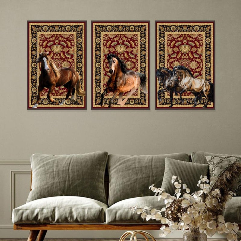 Marktna Three canvas paintings with a horse design and a hollow frame, measuring (120×60), three pieces - Image 3