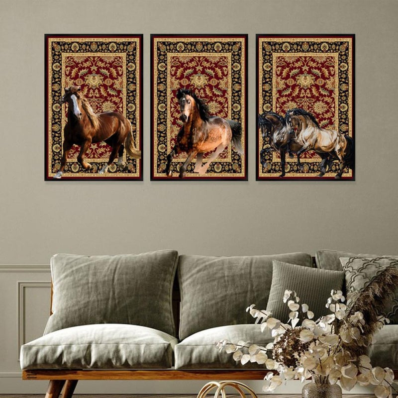 Marktna Three canvas paintings with a horse design and a hollow frame, measuring (120×60), three pieces - Image 2