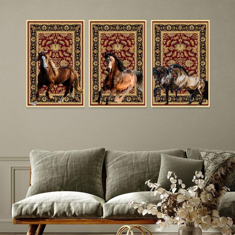 Marktna Three canvas paintings with a horse design and a hollow frame, measuring (120×60), three pieces - Image 1