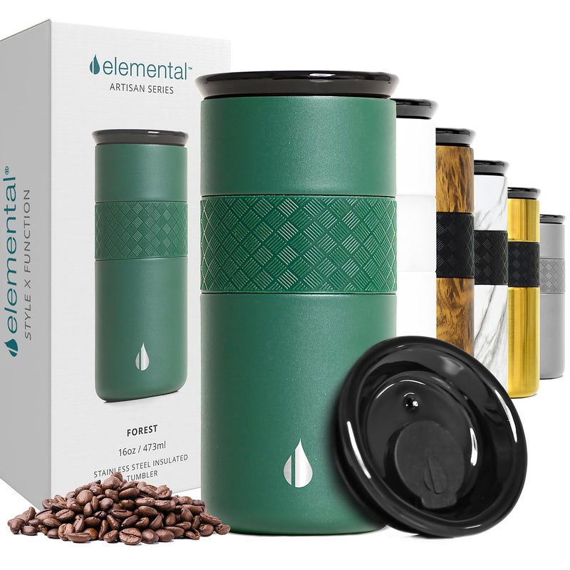 Elemental Artisan Insulated Tumbler Triple Wall Coffee Travel Mug Reusable Stainless Steel Coffee Tumbler with Ceramic Lid Thermal Coffee Cups for Hot 6 Hrs  Cold 18 Hrs 16oz  Forest Green