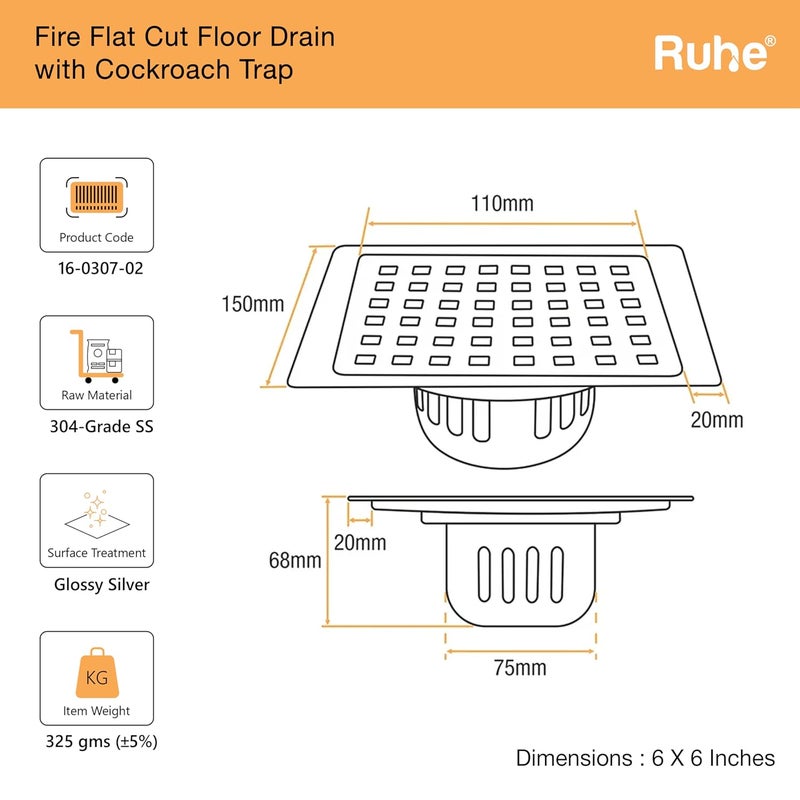 RUHE ® Fire Square Flat Cut Floor Drain | 304-Grade Stainless Steel Drain Jali | 6 x 6 inches | Floor Drainer with Cockroach Trap/Jali - Image 2