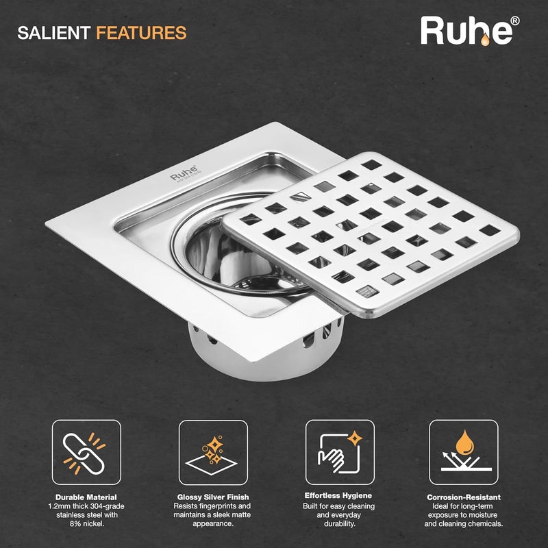 RUHE ® Fire Square Flat Cut Floor Drain | 304-Grade Stainless Steel Drain Jali | 6 x 6 inches | Floor Drainer with Cockroach Trap/Jali - Image 3