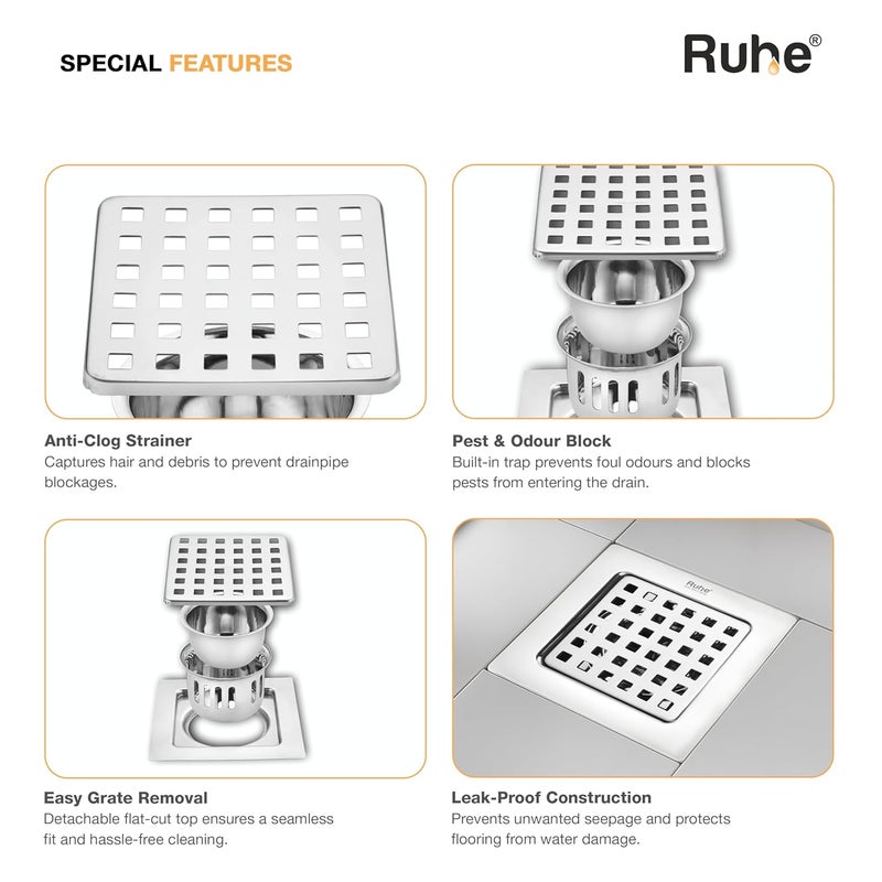 RUHE ® Fire Square Flat Cut Floor Drain | 304-Grade Stainless Steel Drain Jali | 6 x 6 inches | Floor Drainer with Cockroach Trap/Jali - Image 4