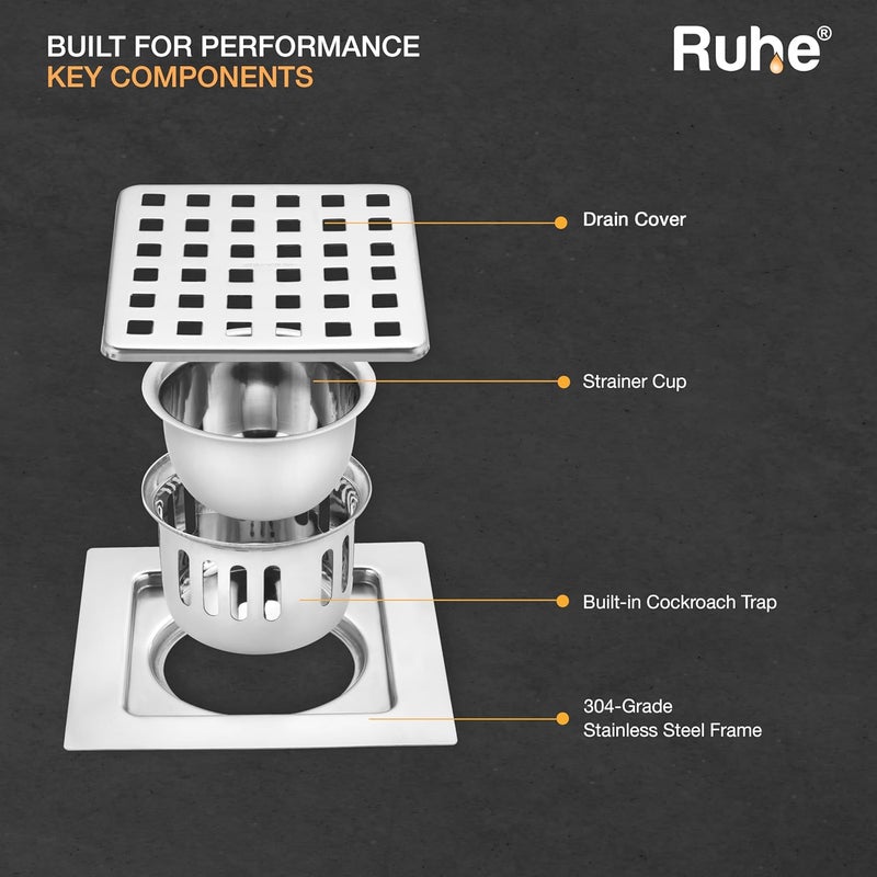 RUHE ® Fire Square Flat Cut Floor Drain | 304-Grade Stainless Steel Drain Jali | 6 x 6 inches | Floor Drainer with Cockroach Trap/Jali - Image 5