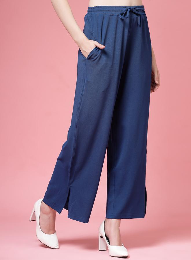 PAUSE PAUSE Women Blue Solid Drawstring Waist Wide Leg Pants - Image 3