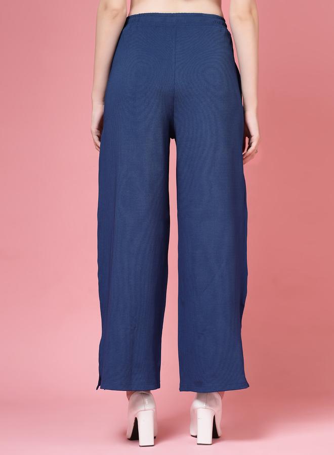 PAUSE PAUSE Women Blue Solid Drawstring Waist Wide Leg Pants - Image 4
