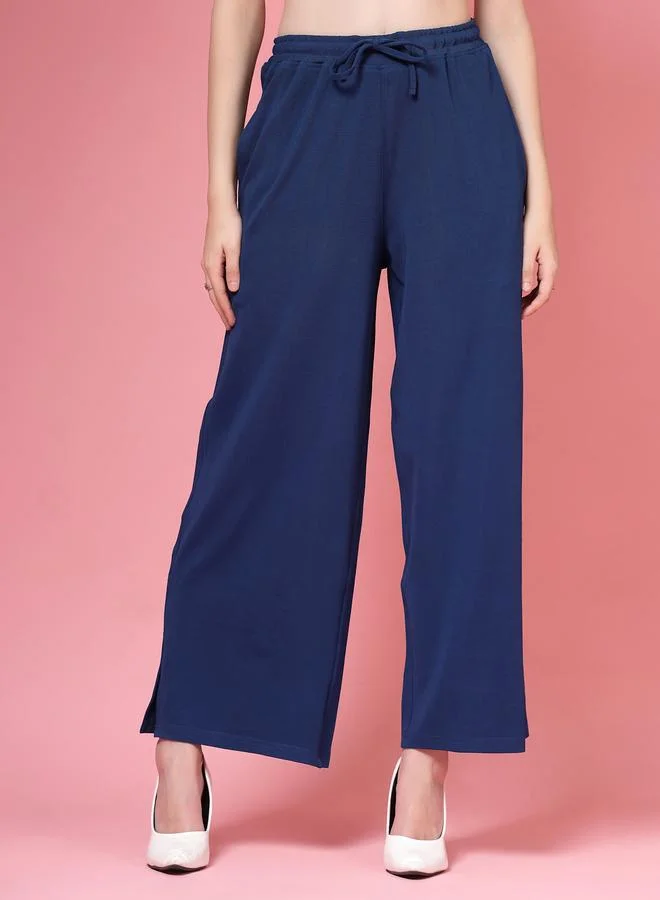 بوز PAUSE Women Blue Solid Drawstring Waist Wide Leg Pants