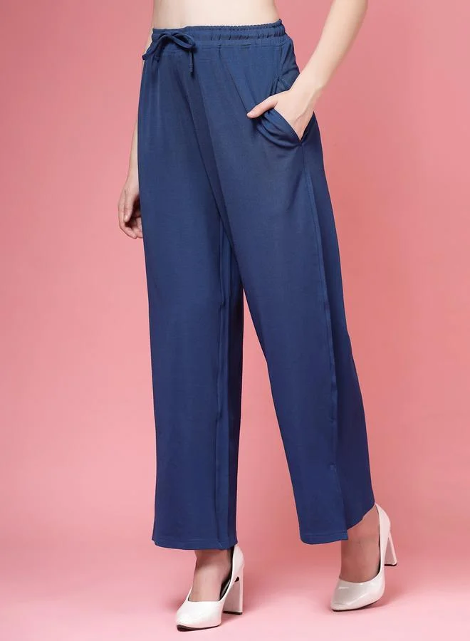 بوز PAUSE Women Blue Solid Drawstring Waist Wide Leg Pants