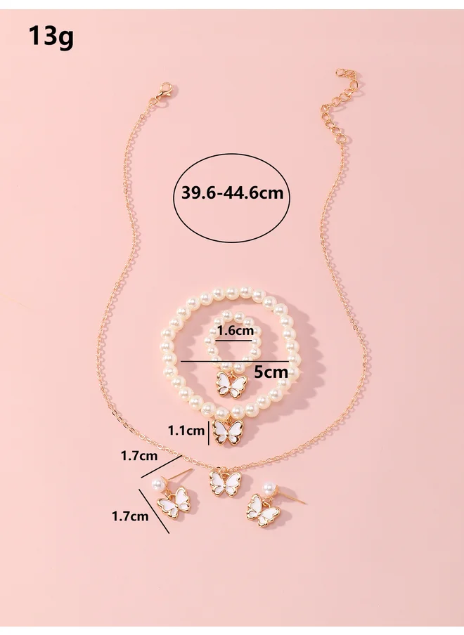 تايك تو Take Two Set of 4 - Butterfly Pendant Faux Pearl Necklace, Bracelet, Earrings and Ring