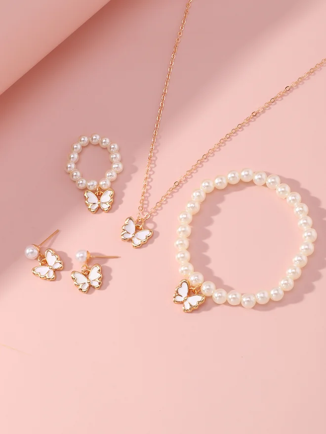 Take Two Take Two Set of 4 - Butterfly Pendant Faux Pearl Necklace, Bracelet, Earrings and Ring