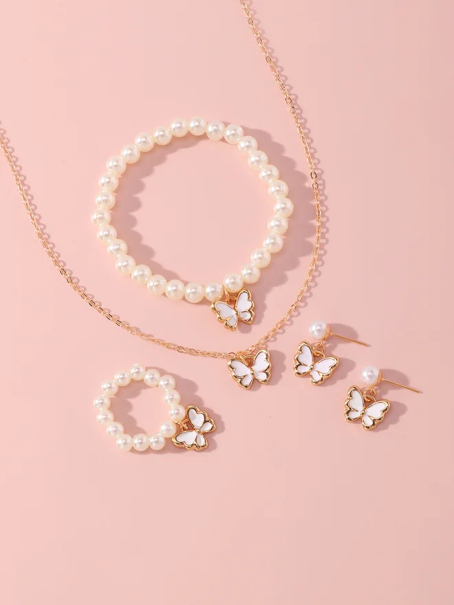 Take Two Take Two Set of 4 - Butterfly Pendant Faux Pearl Necklace, Bracelet, Earrings and Ring