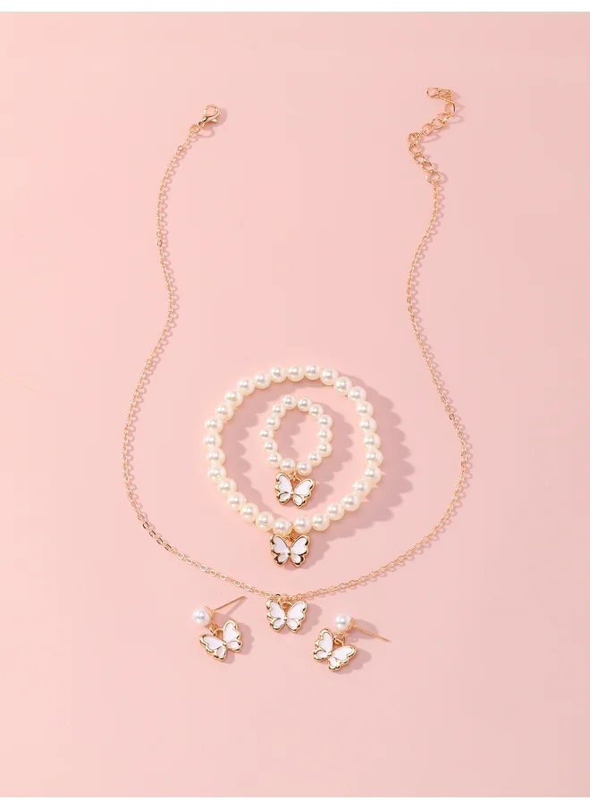 تايك تو Take Two Set of 4 - Butterfly Pendant Faux Pearl Necklace, Bracelet, Earrings and Ring