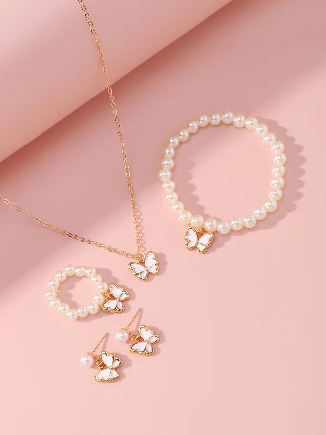 Take Two Take Two Set of 4 - Butterfly Pendant Faux Pearl Necklace, Bracelet, Earrings and Ring