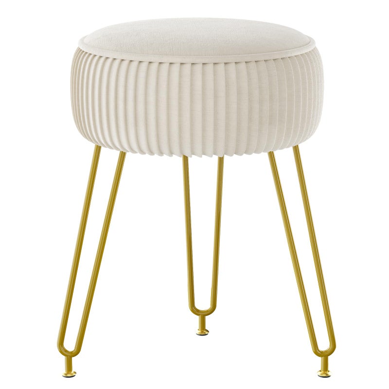 IBUYKE Velvet Round Footrest Stool Makeup Vanity Stool Side Table Velvet Dressing Table Seat Pouf Couch Stool Golden Steel Legs CreamyWhite LG30M