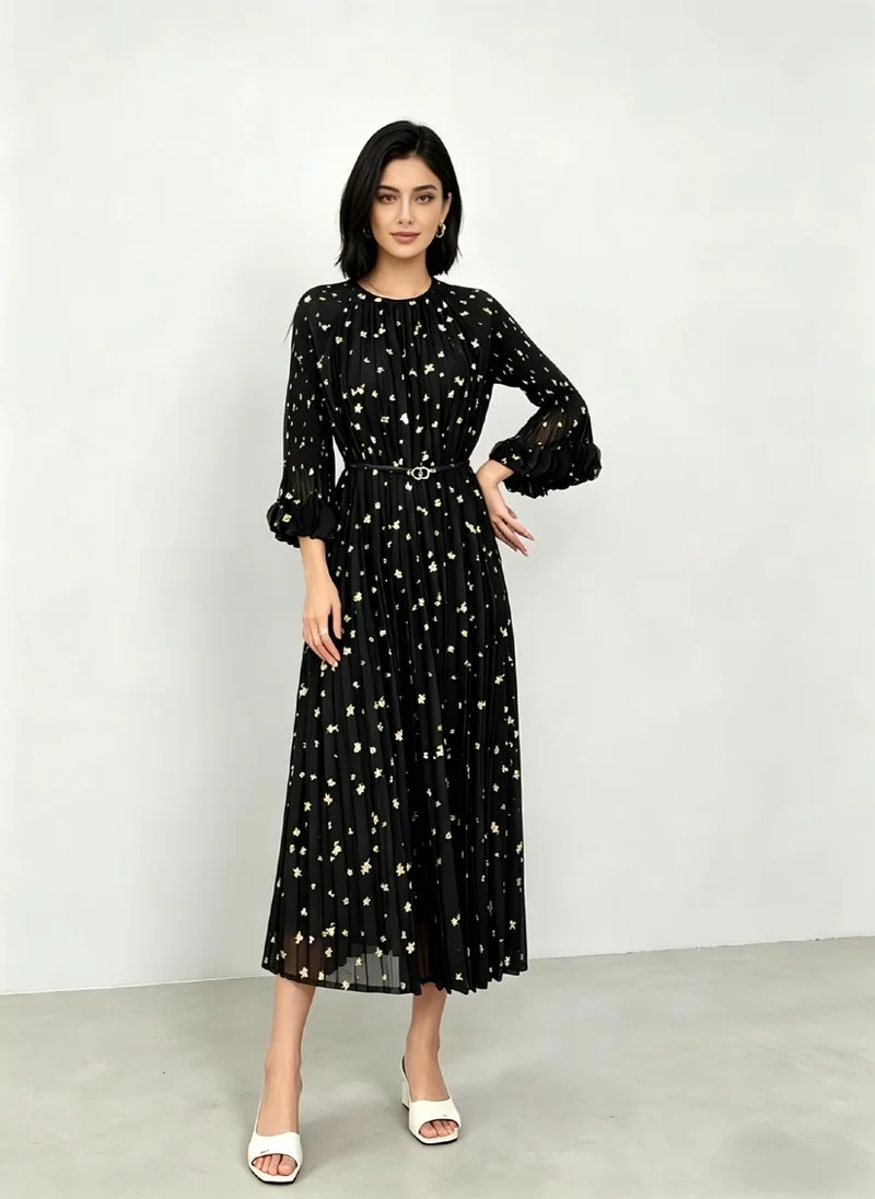 Take Two Black Sequin Embellished Pleated A-Line Midi Dress