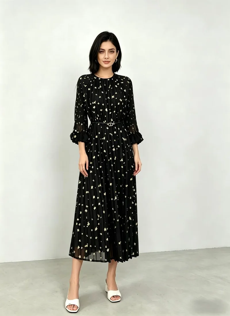 Take Two Black Sequin Embellished Pleated A-Line Midi Dress