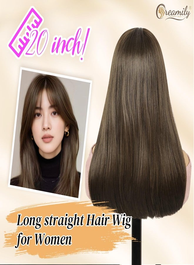Creamily Straight Long Hair Wig for Woman Girls Full Head Natura,Brown Artificial Women Hair Wig,Synthetic Ladies Wigs with Bang for Daily Use (Brown, 20 inch) - Image 4