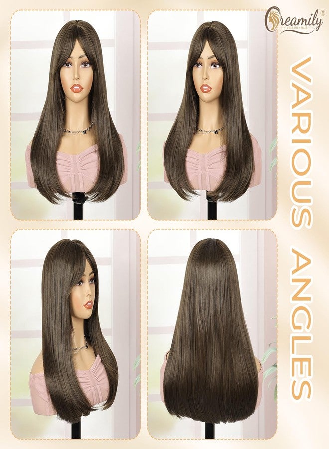 Creamily Straight Long Hair Wig for Woman Girls Full Head Natura,Brown Artificial Women Hair Wig,Synthetic Ladies Wigs with Bang for Daily Use (Brown, 20 inch) - Image 2