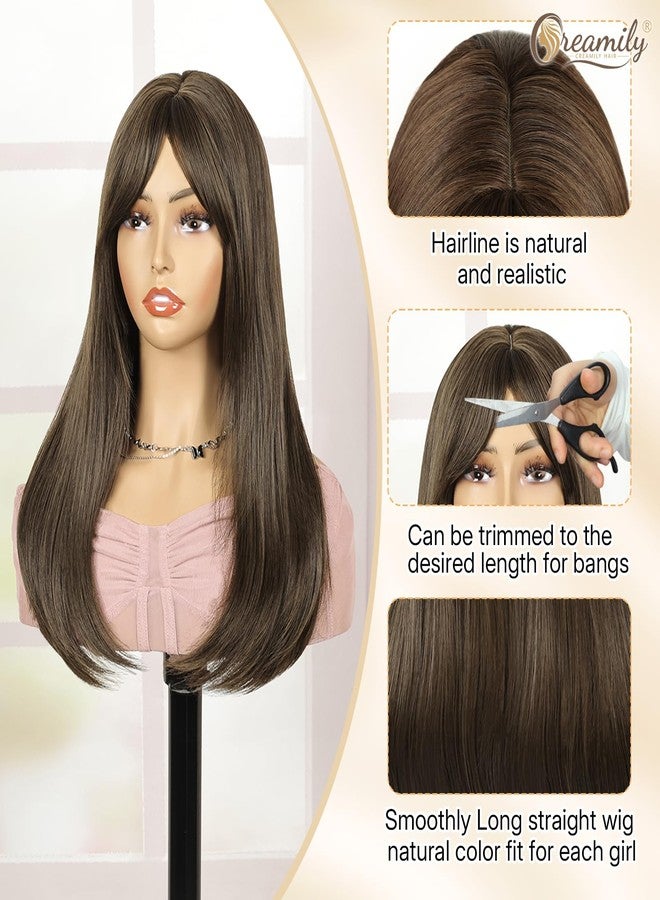 Creamily Straight Long Hair Wig for Woman Girls Full Head Natura,Brown Artificial Women Hair Wig,Synthetic Ladies Wigs with Bang for Daily Use (Brown, 20 inch) - Image 3