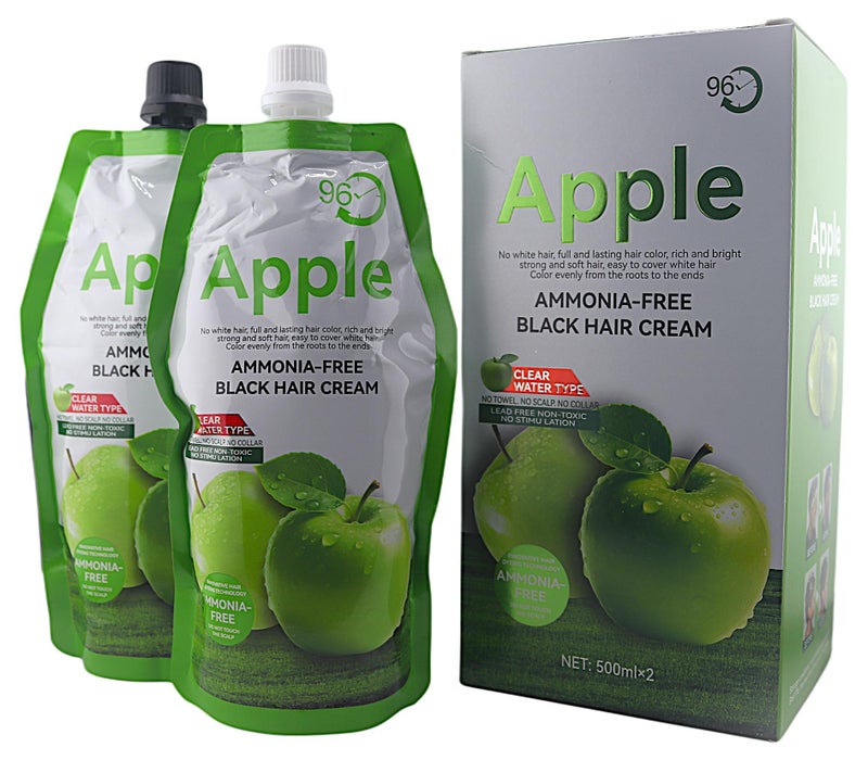 Apple Ammonia-Free Naturak Black Hair Coloring Cream 96 Hours Clear Water Type No Towel , No Scalp ,No Collar Lead-Free Non Toxic , No White Hair, Full and lasting Hair color, rich and Bright Strong and soft hair, Color evenly from the roots to the ends