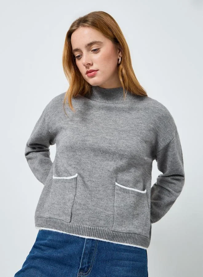 Take Two Women Solid Pocket Detail Long Sleeve Sweater