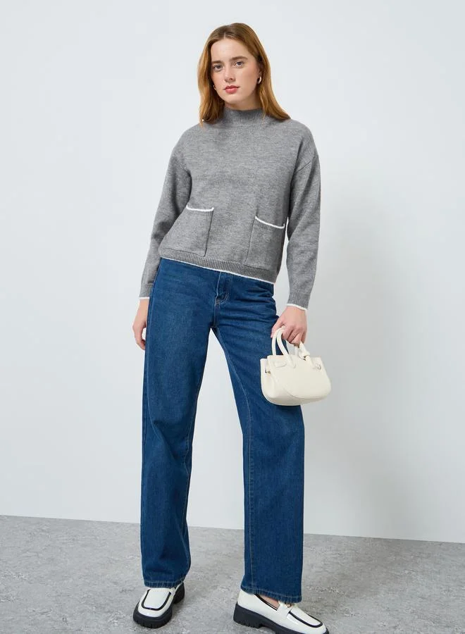 Take Two Women Solid Pocket Detail Long Sleeve Sweater