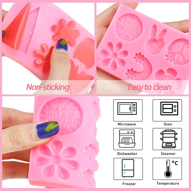 Jinei 2 Set Groovy Silicone Molds Fondant Daisy Rainbows Flower Silicone Molds for Groovy Retro Hippie Boho Party Supplies Decorations Chocolate Candy Clay Gum Soap Crafting Cake Decor(Fresh Style) - Image 4