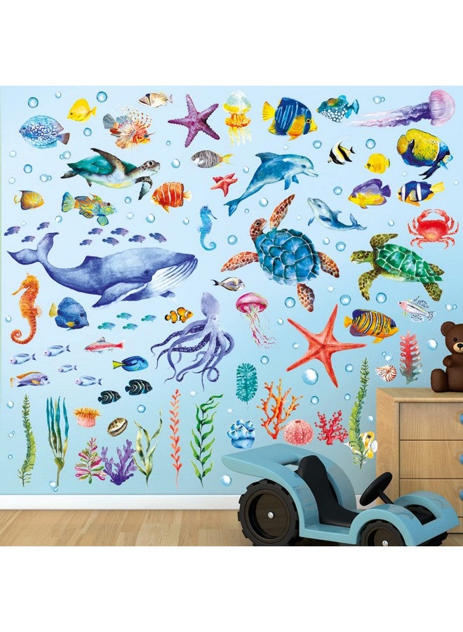 BASHOM DS12-8048 128 Pieces Under The Sea Wall Decals Ocean Fish Stickers Turtle Jellyfish Seaweed Removable for Kids Bedroom Nursery Living Room Home Art Decor Bathroom Baby - Image 1