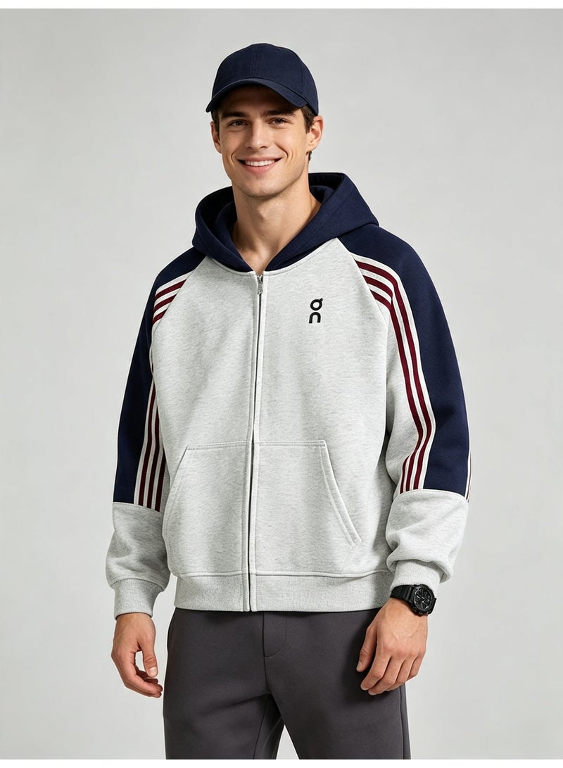 On Running Men and women with matching color hooded striped raglan sleeve zipper coat - Image 2