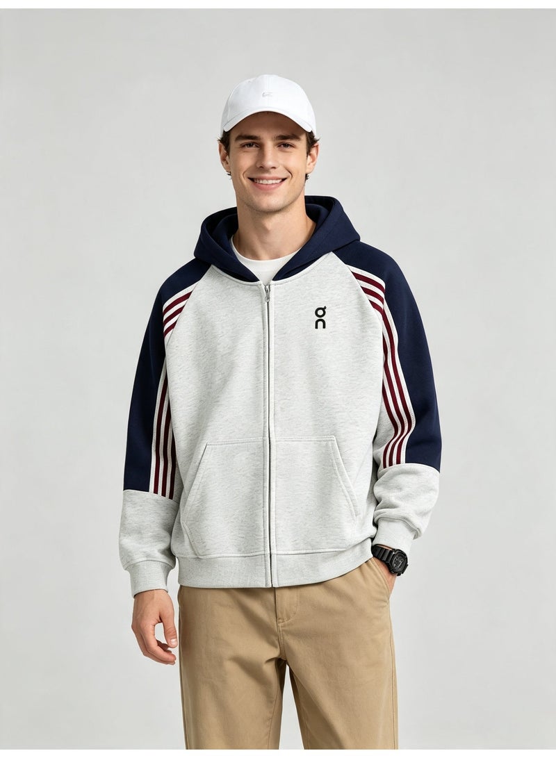 On Running Men and women with matching color hooded striped raglan sleeve zipper coat - Image 3