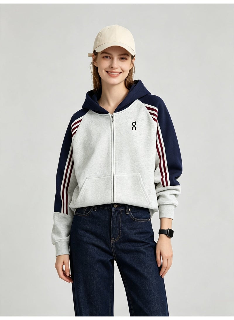 On Running Men and women with matching color hooded striped raglan sleeve zipper coat - Image 4