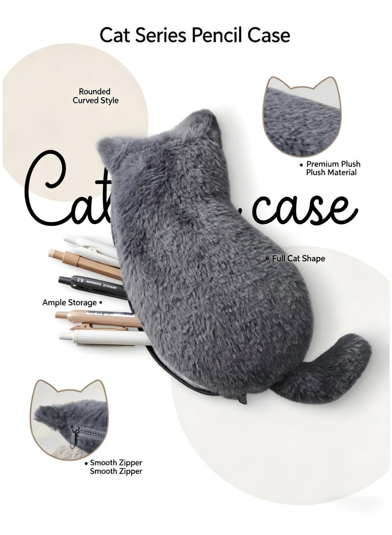 Gray Cat-Shaped Plush Pencil Case, Large-Capacity Stationery Pouch, Cute Multi-Use Organizer Bag - Image 3