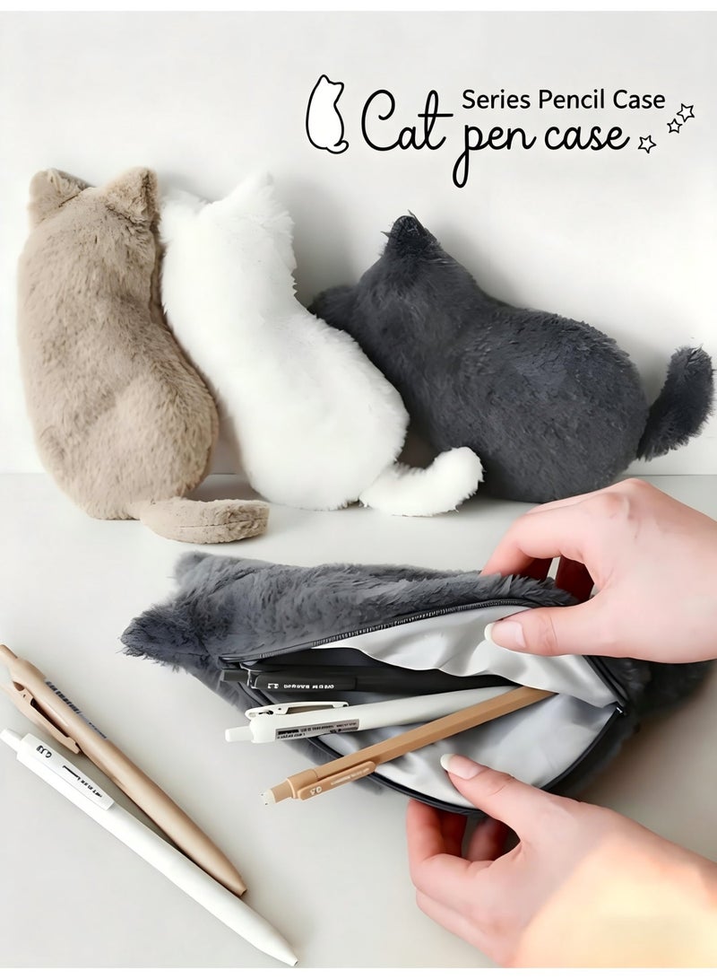 Gray Cat-Shaped Plush Pencil Case, Large-Capacity Stationery Pouch, Cute Multi-Use Organizer Bag - Image 1