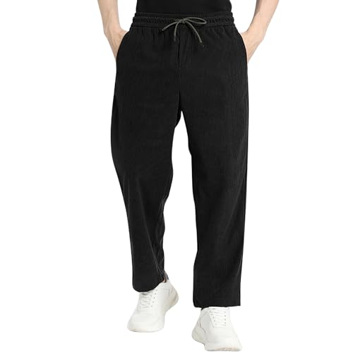 SWADESI STUFF Men's Corduroy Track Pants | Self Design, Mid-Rise Fit, Flexi Waistband - Retro-Inspired Straight Fit Lounge & Casual Wear (in, Alpha, S, Standard, Black) - Image 1