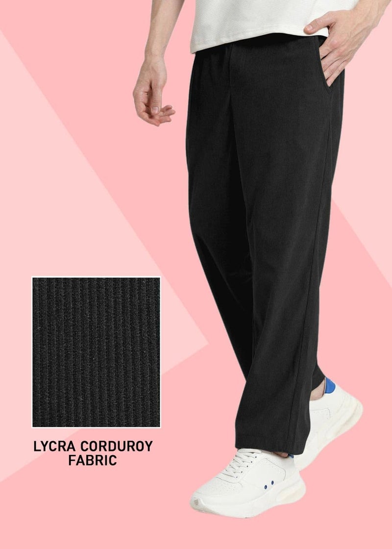 SWADESI STUFF Men's Corduroy Track Pants | Self Design, Mid-Rise Fit, Flexi Waistband - Retro-Inspired Straight Fit Lounge & Casual Wear (in, Alpha, S, Standard, Black) - Image 3