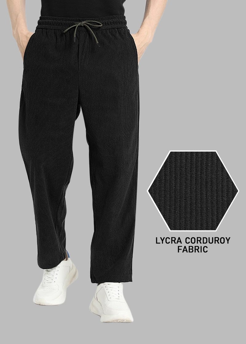 SWADESI STUFF Men's Corduroy Track Pants | Self Design, Mid-Rise Fit, Flexi Waistband - Retro-Inspired Straight Fit Lounge & Casual Wear (in, Alpha, S, Standard, Black) - Image 2