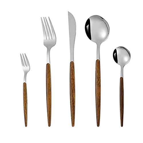 TOMATUS® 5 PCS Luxury Flatware Set,Silverware Set,Cutlery Set with Wooden Handle 18/10 Stainless Steel,Ideal for Home,Camping,Party. (Silver) - Image 1
