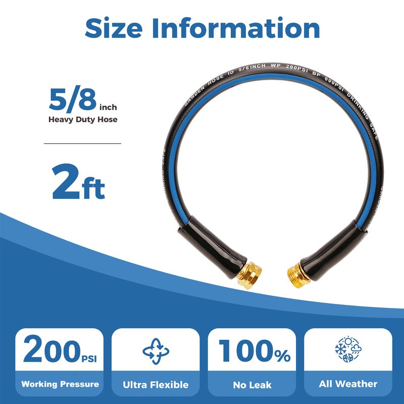 SheeChung Short Garden Hose 2ft x 5/8",Leader Hose for Hose Reel Faucet,Flexible,Lightweight Rubber Hose with Male to Female Fittings,Small Water Hose Heavy Duty,Kink Free,3/4"GHT - Image 2