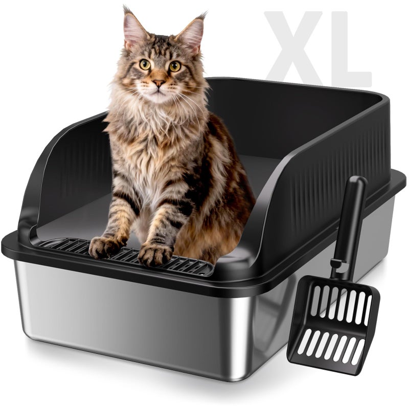 KISENG Stainless Steel Cat Litter Box, Extra Large XL Odor Free Metal Litter Box with High Sides Lid, Open Top Litter Pan Include Scoop Easy Cleaning Anti-Scratch Kitty Cat Box Anti-Urine Leakage, Non-Sticky - Image 1