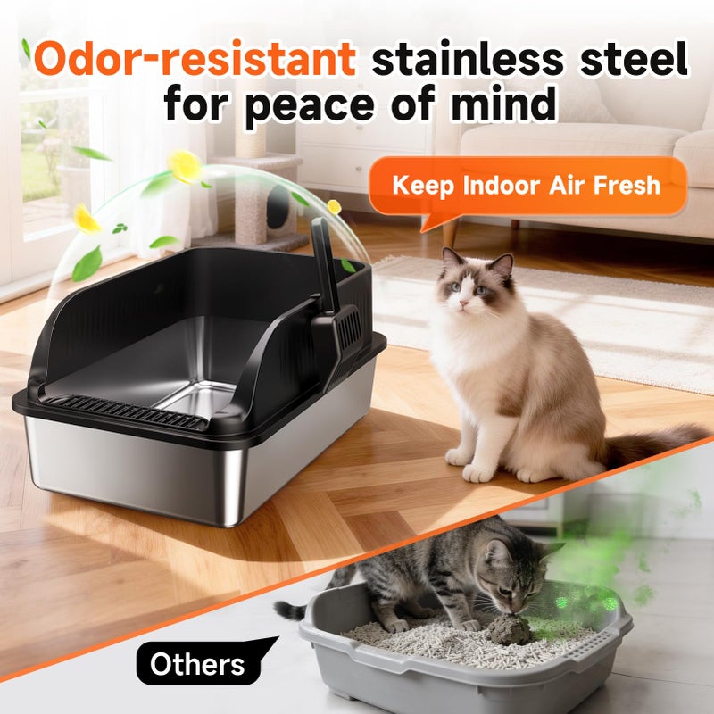 KISENG Stainless Steel Cat Litter Box, Extra Large XL Odor Free Metal Litter Box with High Sides Lid, Open Top Litter Pan Include Scoop Easy Cleaning Anti-Scratch Kitty Cat Box Anti-Urine Leakage, Non-Sticky - Image 5