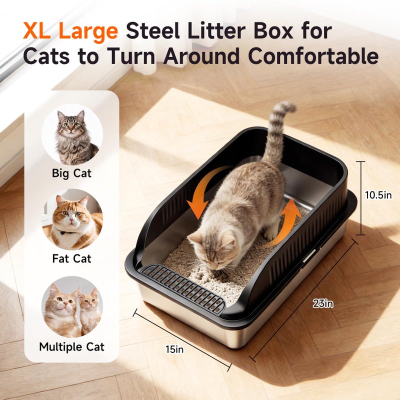 KISENG Stainless Steel Cat Litter Box, Extra Large XL Odor Free Metal Litter Box with High Sides Lid, Open Top Litter Pan Include Scoop Easy Cleaning Anti-Scratch Kitty Cat Box Anti-Urine Leakage, Non-Sticky - Image 2
