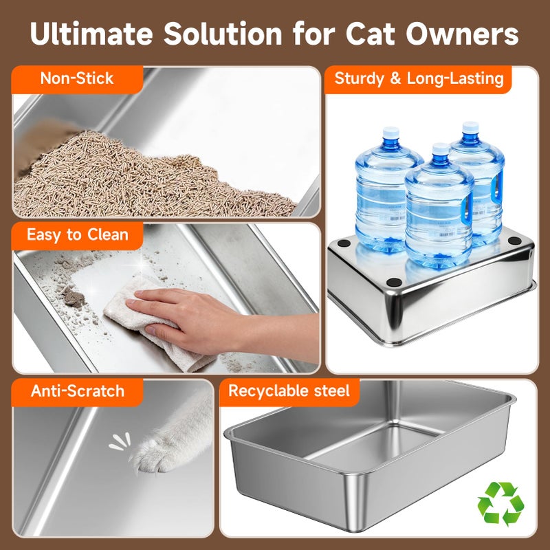 KISENG Stainless Steel Cat Litter Box, Extra Large XL Odor Free Metal Litter Box with High Sides Lid, Open Top Litter Pan Include Scoop Easy Cleaning Anti-Scratch Kitty Cat Box Anti-Urine Leakage, Non-Sticky - Image 4