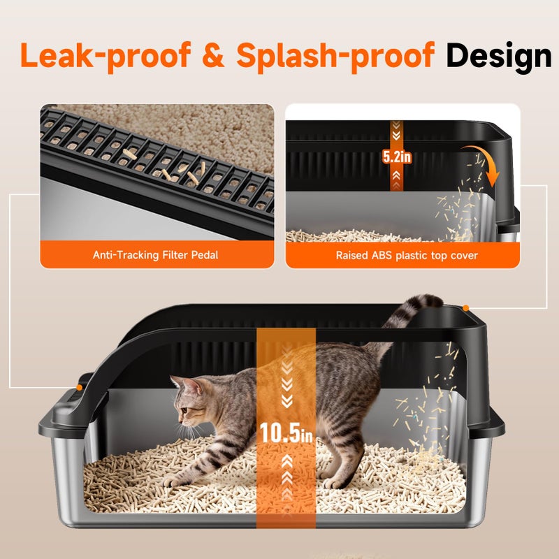 KISENG Stainless Steel Cat Litter Box, Extra Large XL Odor Free Metal Litter Box with High Sides Lid, Open Top Litter Pan Include Scoop Easy Cleaning Anti-Scratch Kitty Cat Box Anti-Urine Leakage, Non-Sticky - Image 3