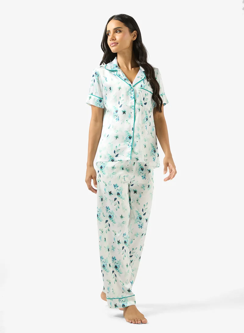 Ginger Satin Floral Print Relaxed Fit Shirt & Pyjama Set