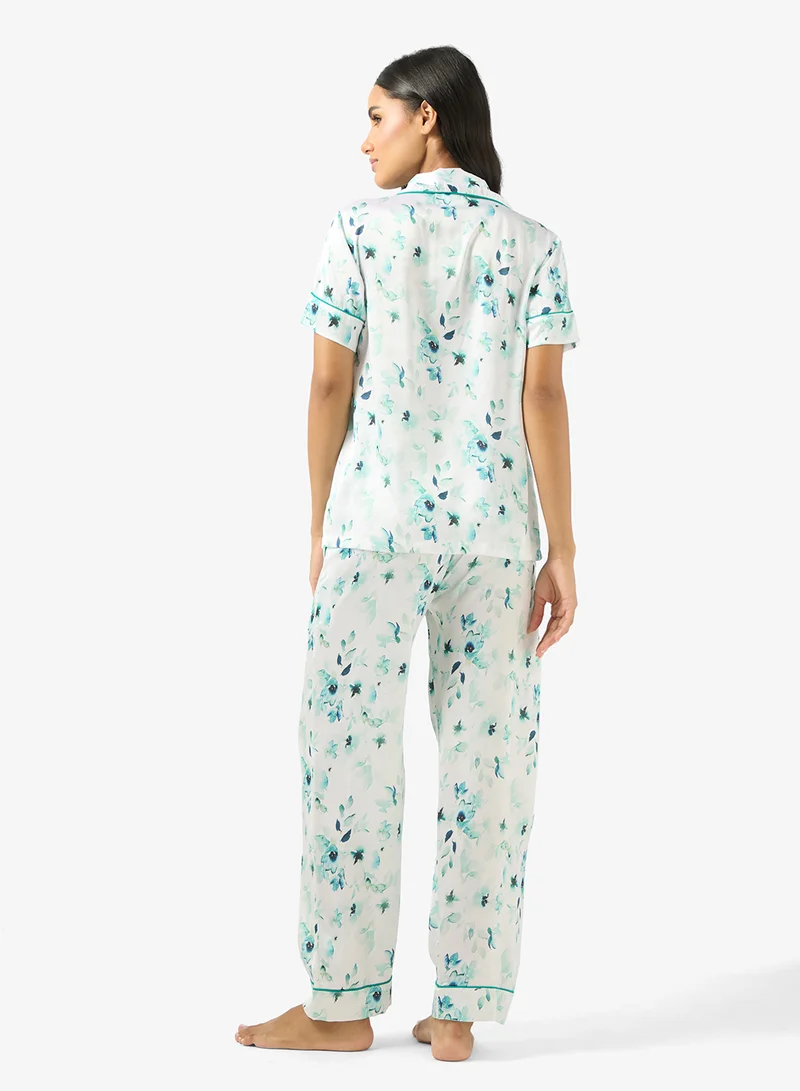 Ginger Satin Floral Print Relaxed Fit Shirt & Pyjama Set