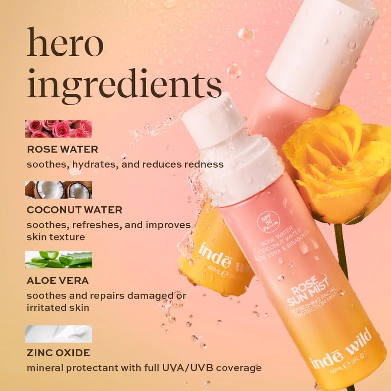 indē wild رذاذ الشمس من إندي وايلد برائحة الورد SPF 50+ PA++++ | 60 مل | رذاذ ترطيب سهل الاستخدام بماء الورد، جل الصبار، ماء جوز الهند وأكسيد الزنك | يوفر حماية من أشعة UVA/UVB | مثالي لإعادة التطبيق فوق المكياج - Image 4