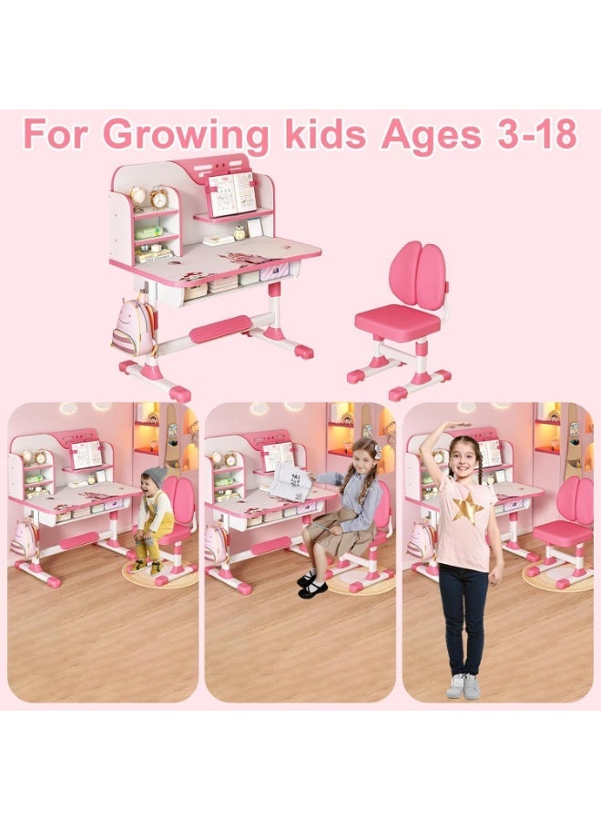 MostNow Kids Study Table and Chair Set, Adjustable Art Desk Girls Desk for Bedroom, Study Table with Large Writing Board Bookshelf and Drawer (Pink) - Image 4