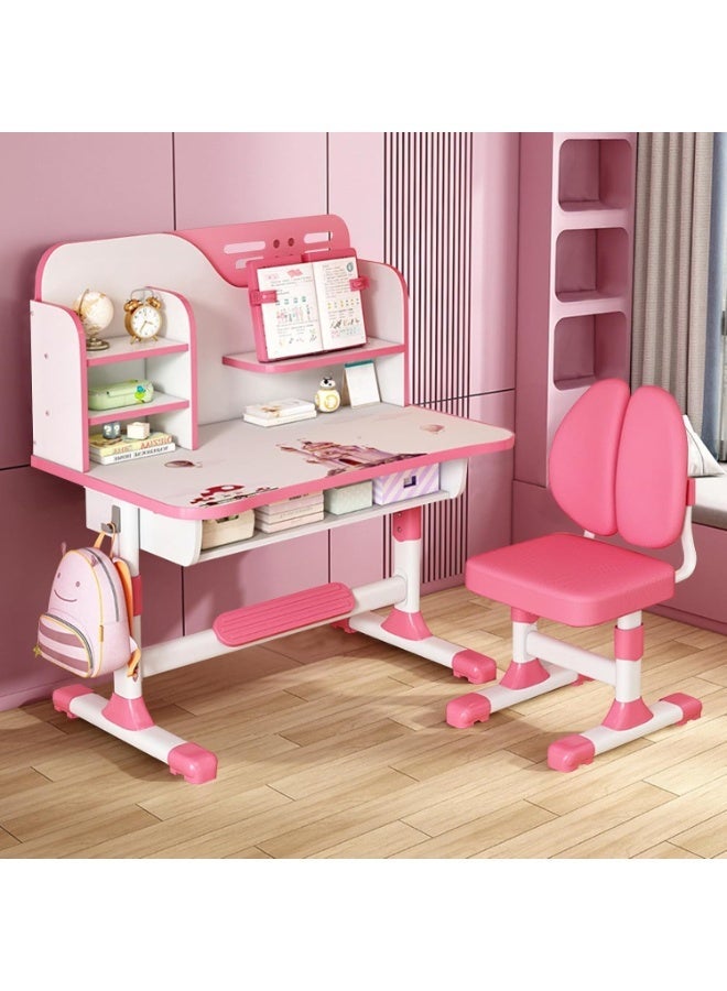 MostNow Kids Study Table and Chair Set, Adjustable Art Desk Girls Desk for Bedroom, Study Table with Large Writing Board Bookshelf and Drawer (Pink) - Image 1