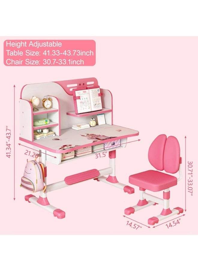 MostNow Kids Study Table and Chair Set, Adjustable Art Desk Girls Desk for Bedroom, Study Table with Large Writing Board Bookshelf and Drawer (Pink) - Image 3